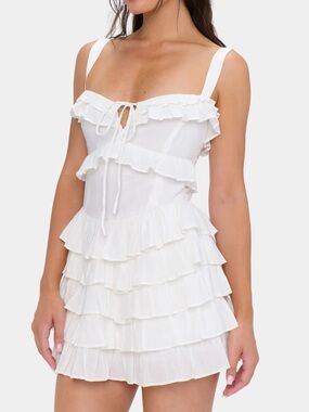 Show Me Your MuMu White Ruffle Tiered Romper with Tie Front